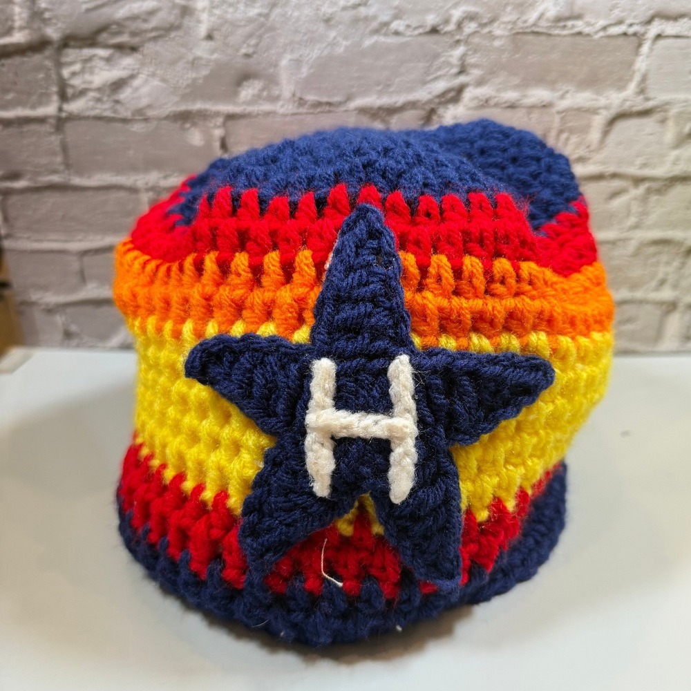 Handmade Houston Astros Inspired Crochet Beanie Hat Retro Rainbow Stripe H Star